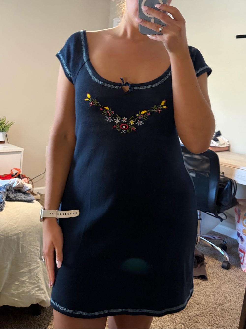 Derek Heart Navy Scoop Neck Mini Dress with Floral Embroidery